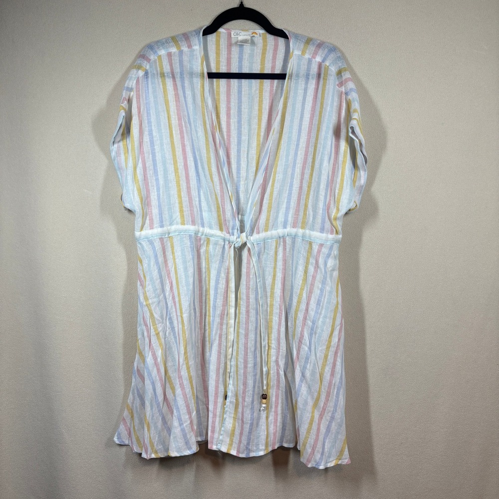 C&C California Linen Blend Striped Swim Cover Up OS Pastel Drawstring Resortwear